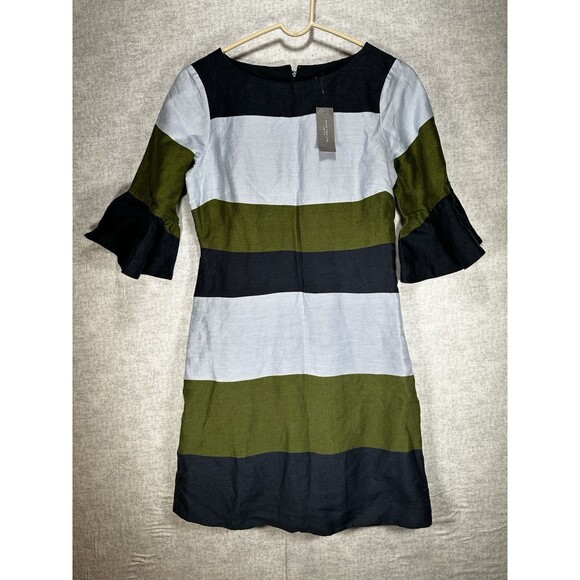 Ann Taylor Color Block Linen Blend Dress Sz 2P 3/4 Bell Sleeve Navy Blue Green - Picture 1 of 9